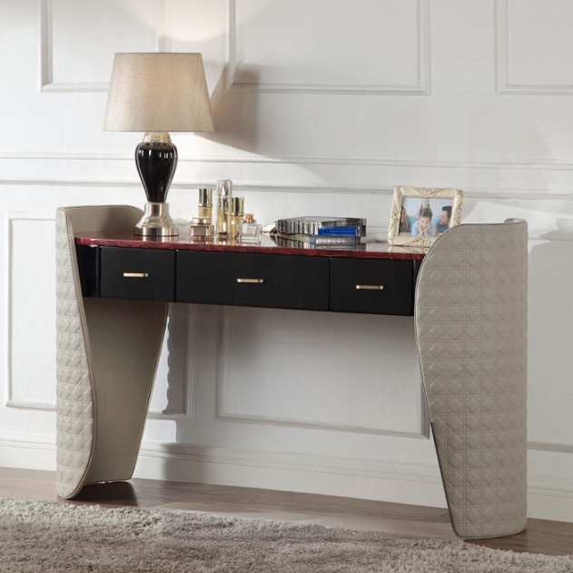 BD20021EK Bed Beige Linen & Glossy Wood Grain Top Jamonica Collection Glam Style by Acme Furniture