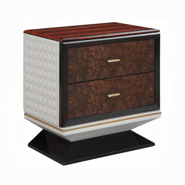 BD20021EK Bed Beige Linen & Glossy Wood Grain Top Jamonica Collection Glam Style by Acme Furniture