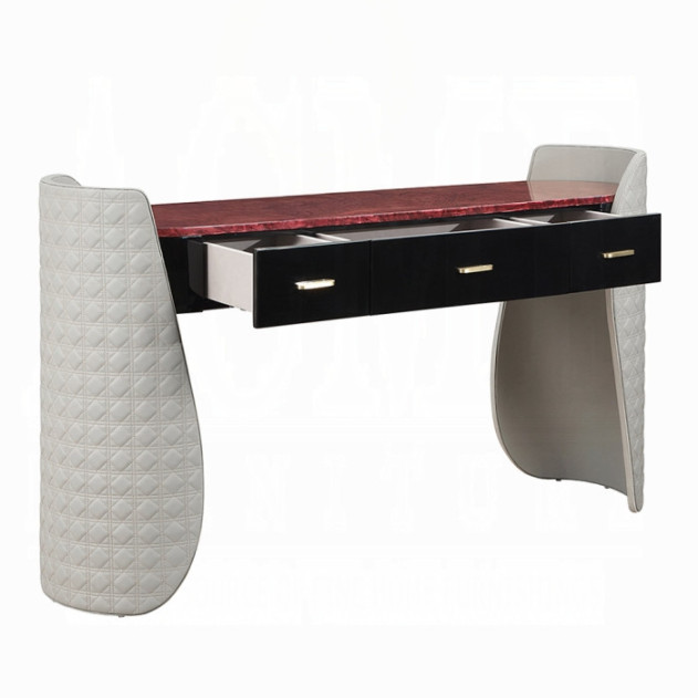 BD20021EK Bed Beige Linen & Glossy Wood Grain Top Jamonica Collection Glam Style by Acme Furniture