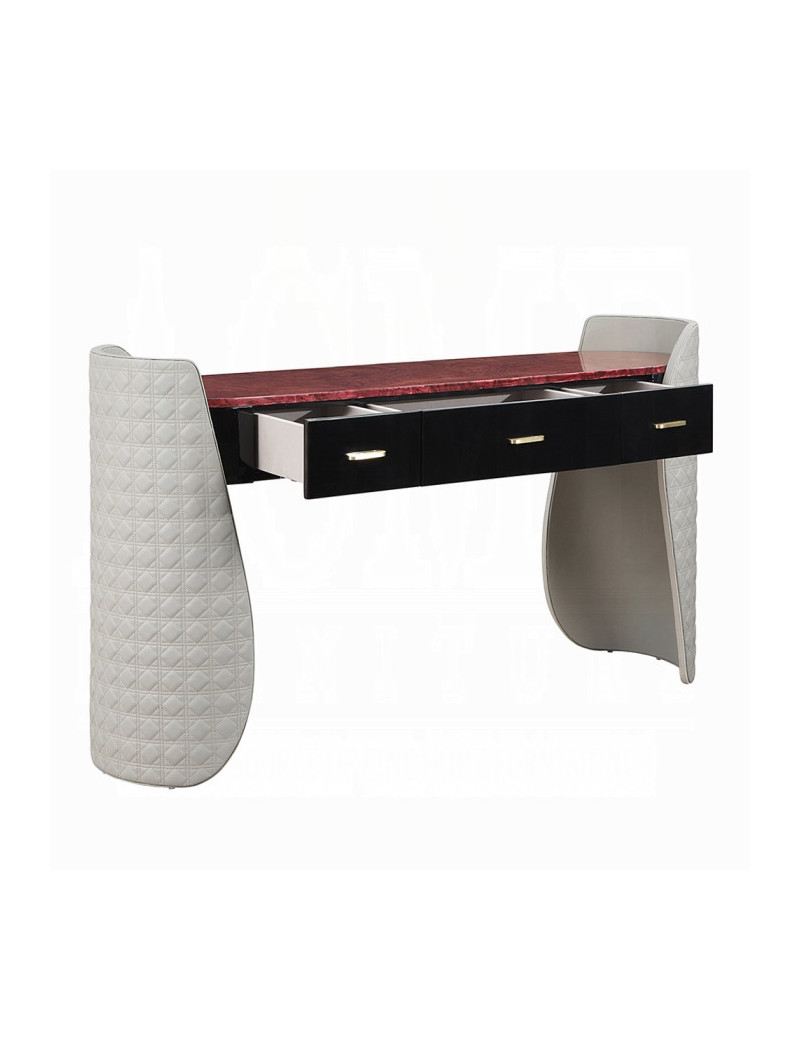 BD20021EK Bed Beige Linen & Glossy Wood Grain Top Jamonica Collection Glam Style by Acme Furniture