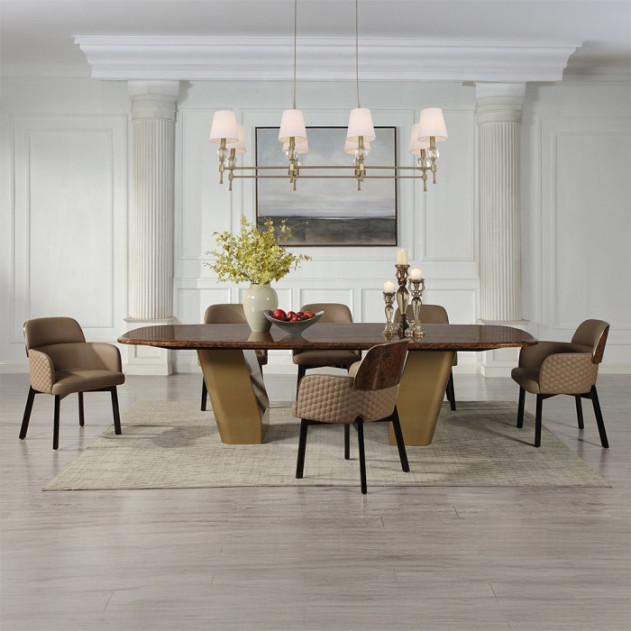 DN60020 7Pc Dining Set Glossy Wood Grain Top & Gold Jamonica Collection Glam Style By Acme Furniture