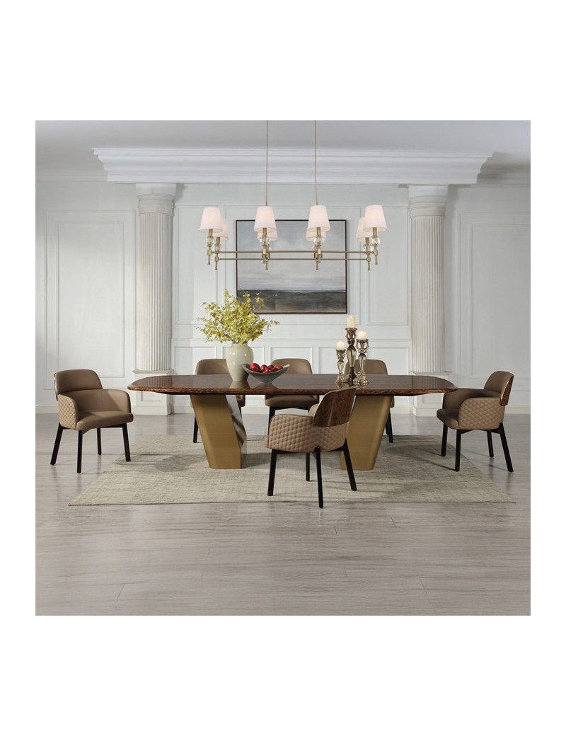 DN60020 7Pc Dining Set Glossy Wood Grain Top & Gold Jamonica Collection Glam Style By Acme Furniture