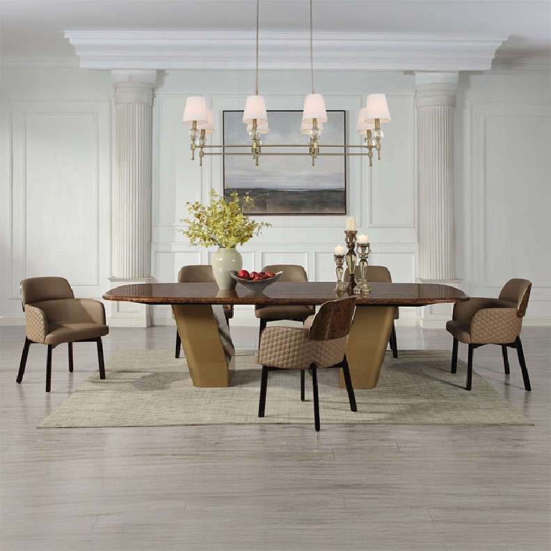 DN60020 7Pc Dining Set Glossy Wood Grain Top & Gold Jamonica Collection Glam Style By Acme Furniture