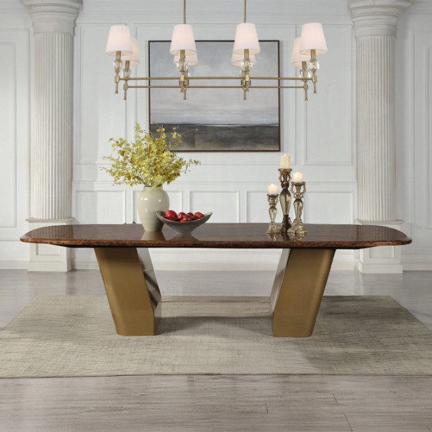 DN60020 7Pc Dining Set Glossy Wood Grain Top & Gold Jamonica Collection Glam Style By Acme Furniture