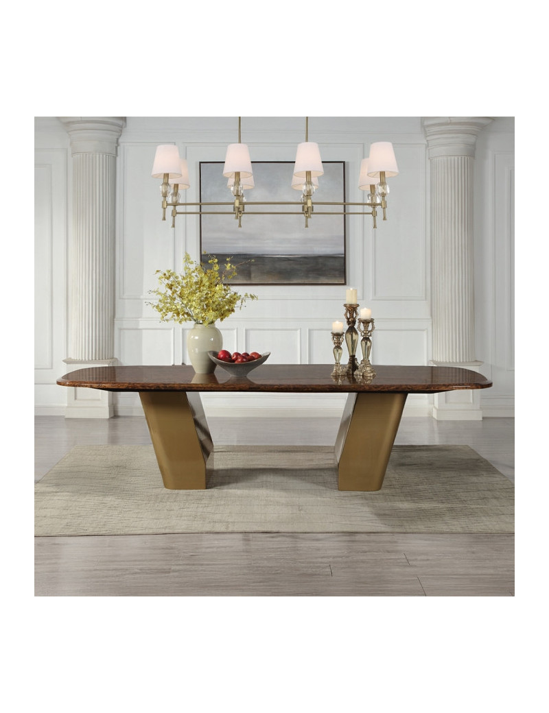 DN60020 7Pc Dining Set Glossy Wood Grain Top & Gold Jamonica Collection Glam Style By Acme Furniture