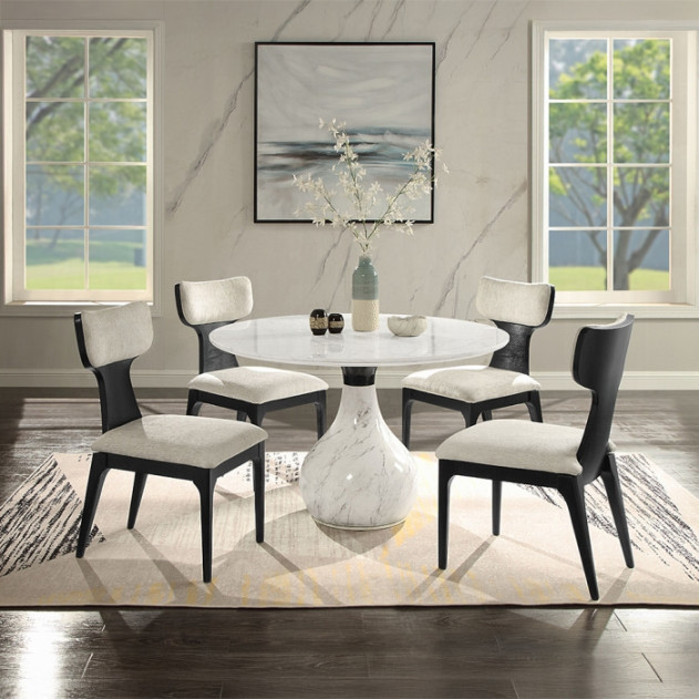 DN04055 5Pc Round Dining Table Set Engineering Marble Top, White & Black Koen Collection Contemporary Style by Acme Furniture