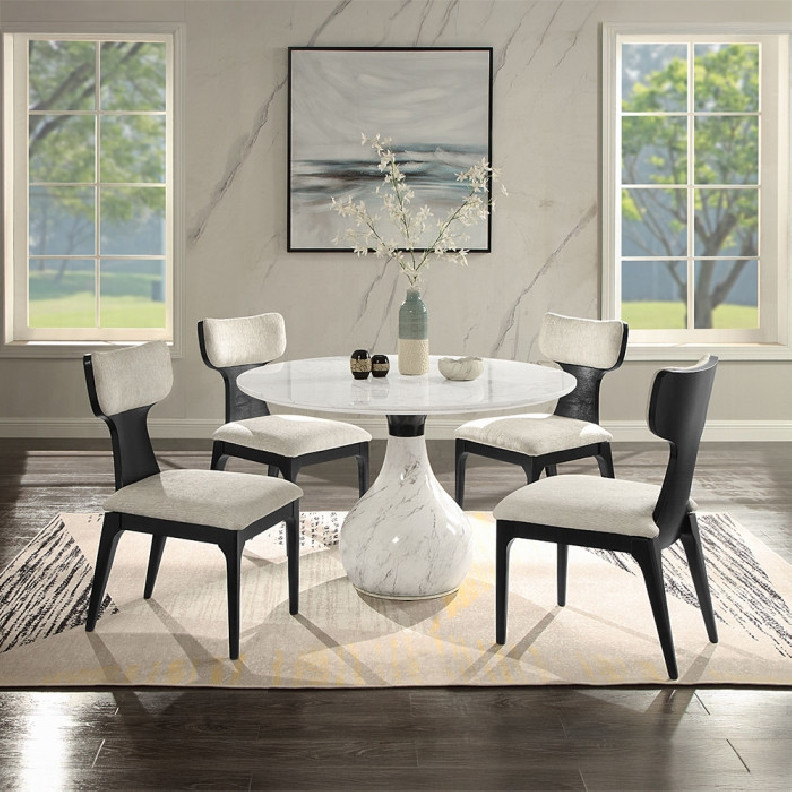 DN04055 5Pc Round Dining Table Set Engineering Marble Top, White & Black Koen Collection Contemporary Style by Acme Furniture