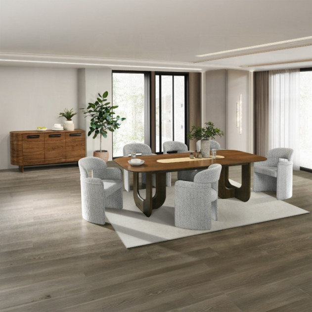 DN07140 7Pc Dining Set Kyree Collection Walnut Finish Contemporary Style By Acme Furniture