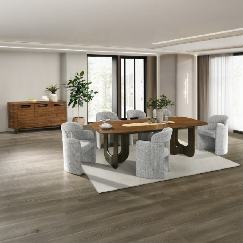 DN07140 7Pc Dining Set Kyree Collection Walnut Finish Contemporary Style By Acme Furniture