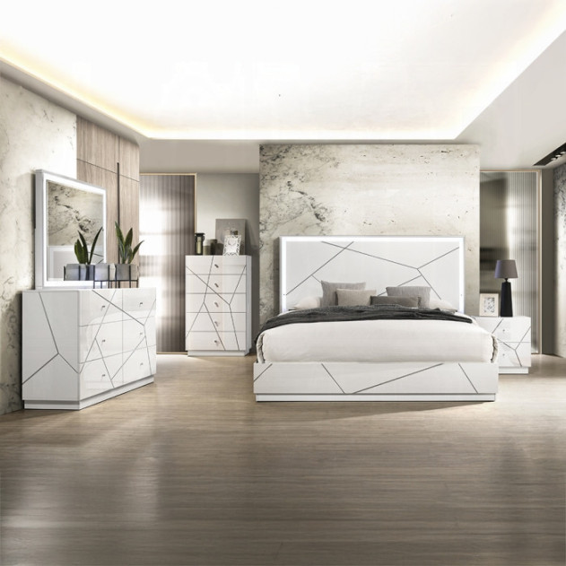 BD05882Q 5Pc Queen Bedroom Set White & Silver High Gloss Transitional Style Esther Collection By Acme Furniture