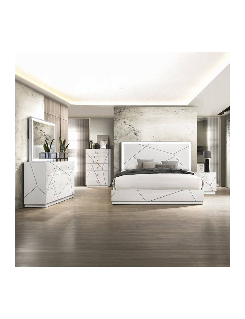BD05882Q 5Pc Queen Bedroom Set White & Silver High Gloss Transitional Style Esther Collection By Acme Furniture