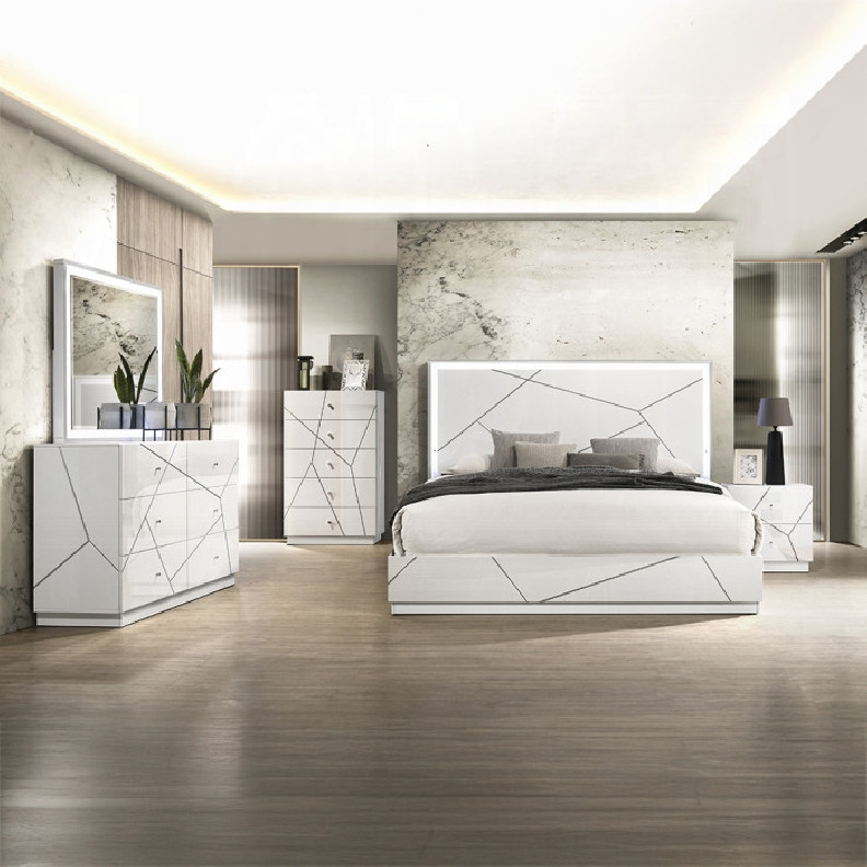 BD05882Q 5Pc Queen Bedroom Set White & Silver High Gloss Transitional Style Esther Collection By Acme Furniture