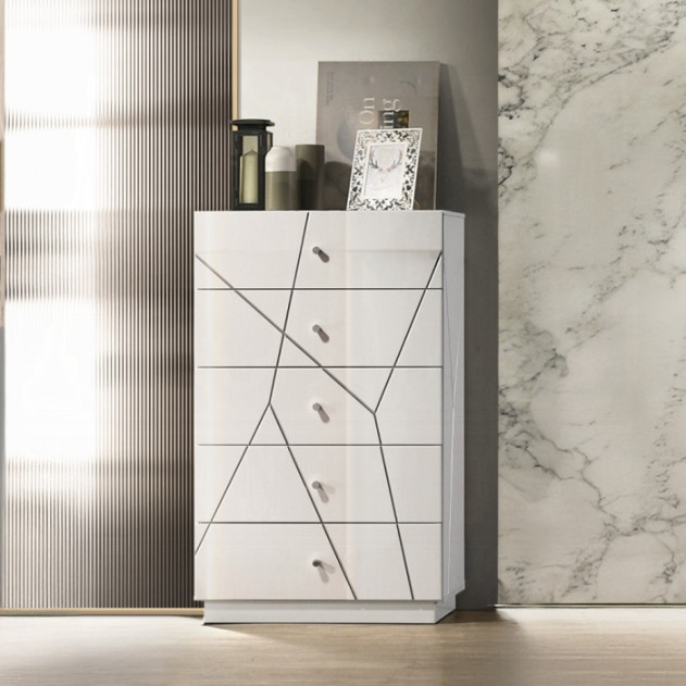 BD05882Q 5Pc Queen Bedroom Set White & Silver High Gloss Transitional Style Esther Collection By Acme Furniture