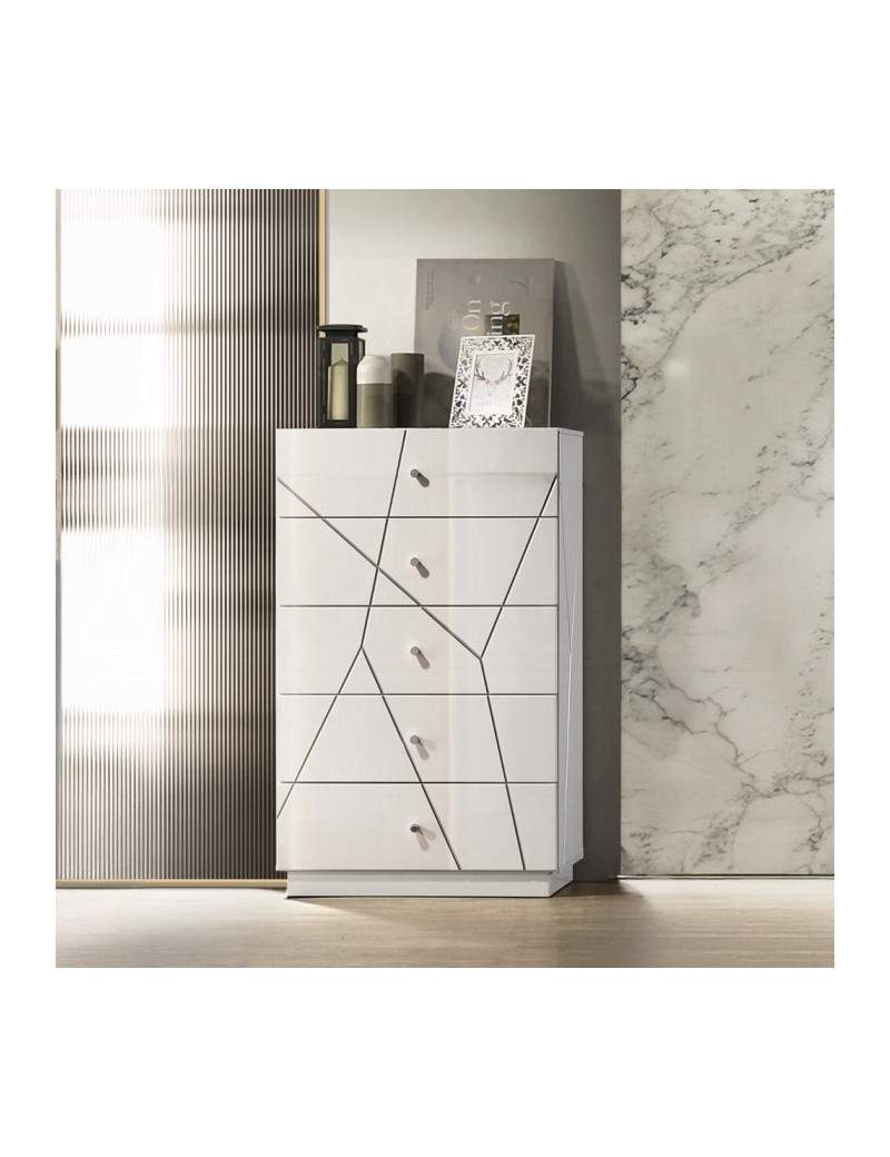 BD05882Q 5Pc Queen Bedroom Set White & Silver High Gloss Transitional Style Esther Collection By Acme Furniture