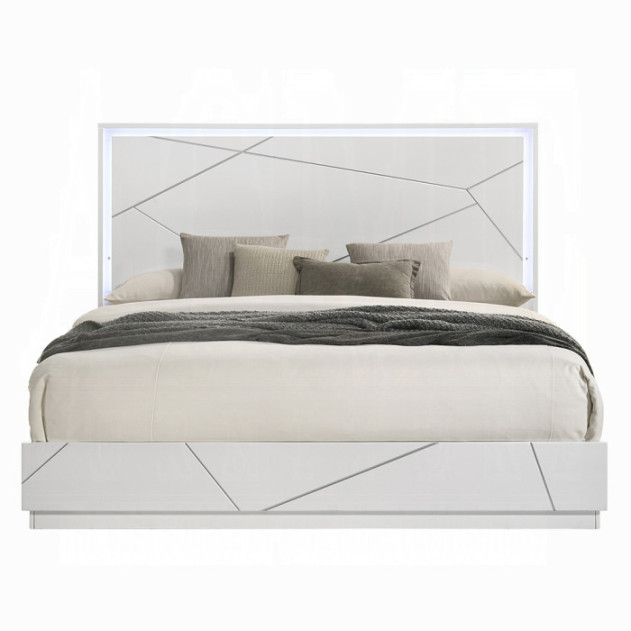 BD05882Q 5Pc Queen Bedroom Set White & Silver High Gloss Transitional Style Esther Collection By Acme Furniture