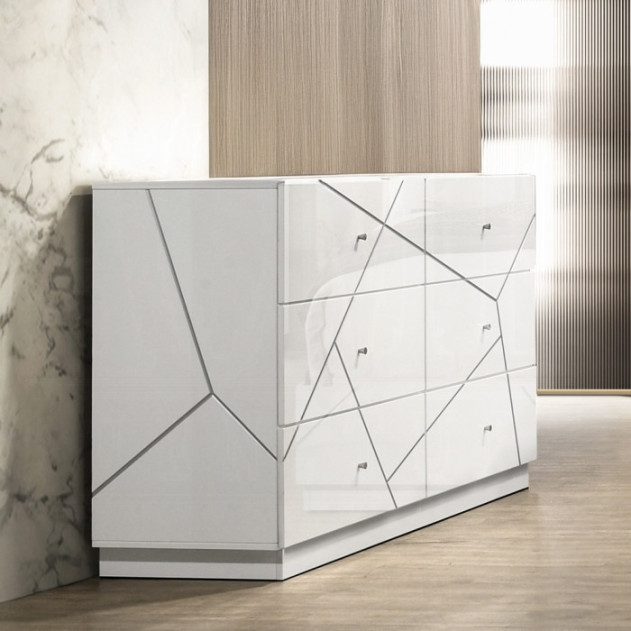 BD05882Q 5Pc Queen Bedroom Set White & Silver High Gloss Transitional Style Esther Collection By Acme Furniture