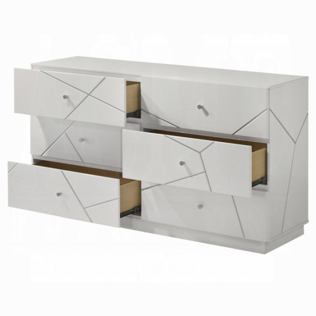BD05882Q 5Pc Queen Bedroom Set White & Silver High Gloss Transitional Style Esther Collection By Acme Furniture