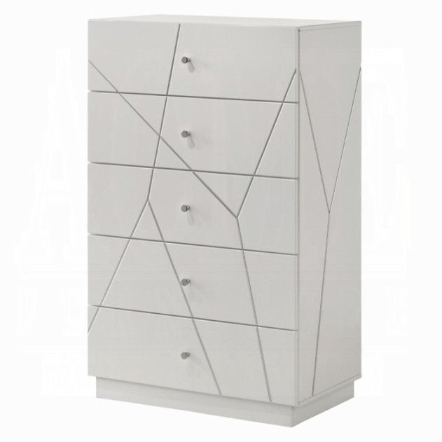 BD05882Q 5Pc Queen Bedroom Set White & Silver High Gloss Transitional Style Esther Collection By Acme Furniture