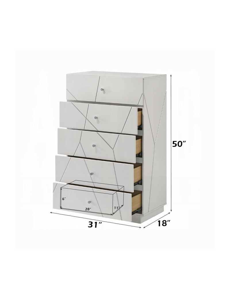 BD05882Q 5Pc Queen Bedroom Set White & Silver High Gloss Transitional Style Esther Collection By Acme Furniture