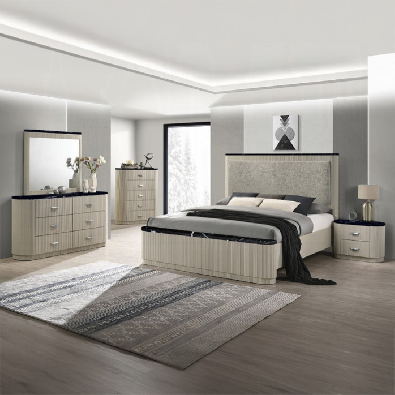 BD04882Q 5Pc Queen Bedroom Set Travonte Collection Gray Linen & Beige Transitional Style By Acme Furniture