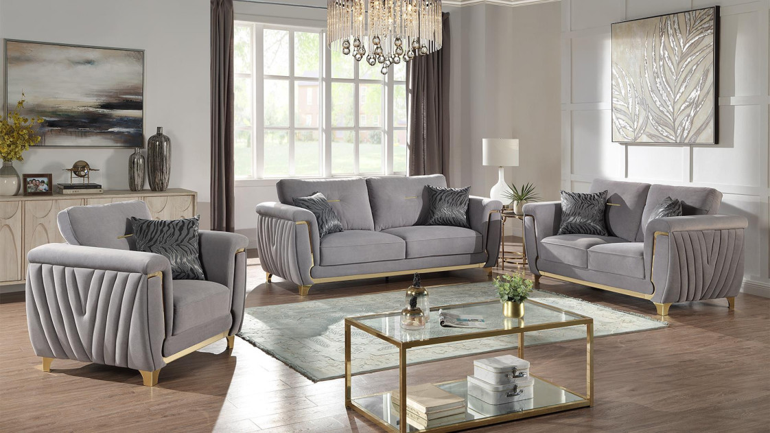 2PC Sofa & Loveseat Gray Fabric Leena Collection By Galaxy Home Furnishings