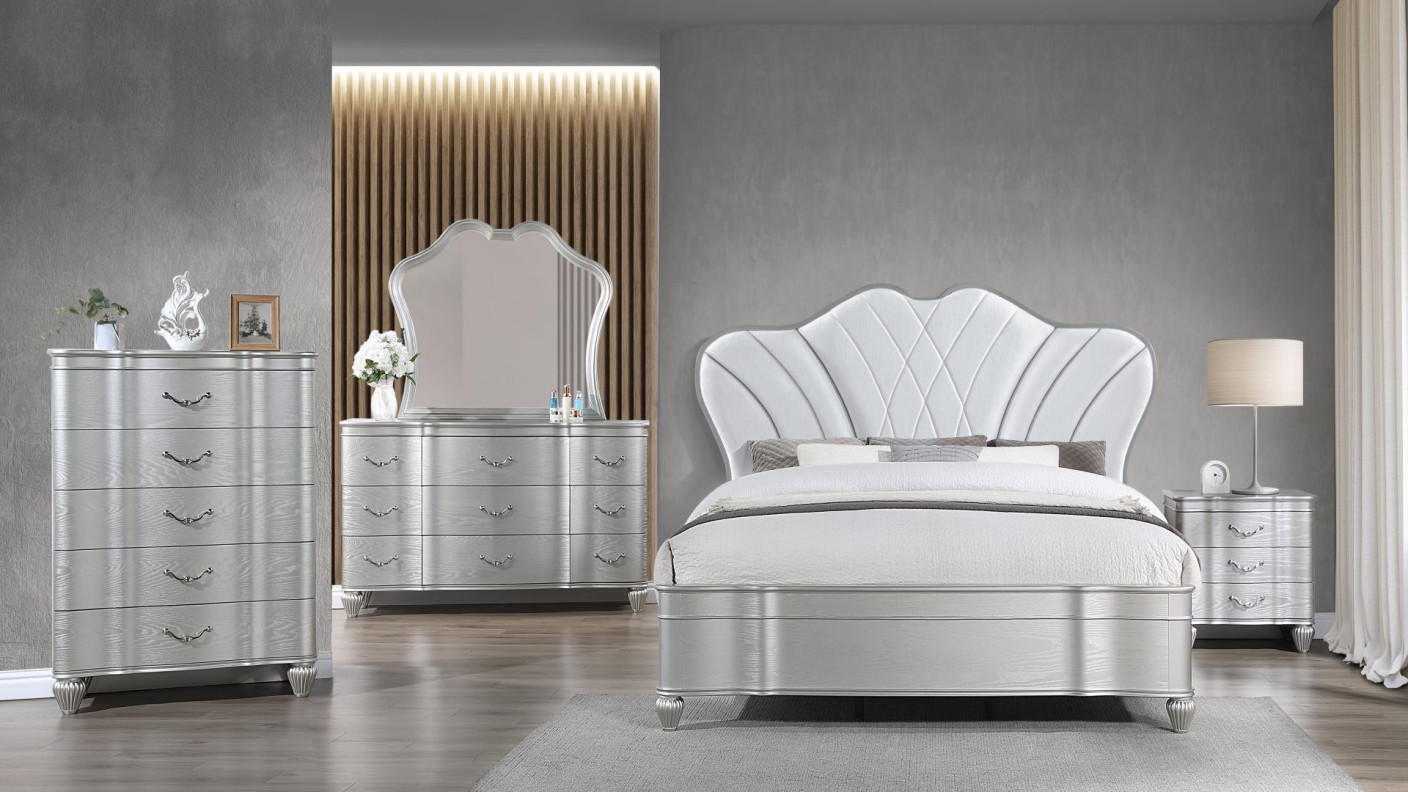 Eros 5PC Queen Bedroom Set Glam Style Silver Finish by Galaxy Home Furnishings