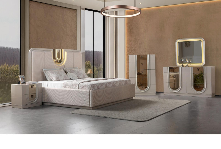 Lesli 5PC Queen Bedroom Set Contemporary Style Beige Finish by Galaxy Home Furnishings