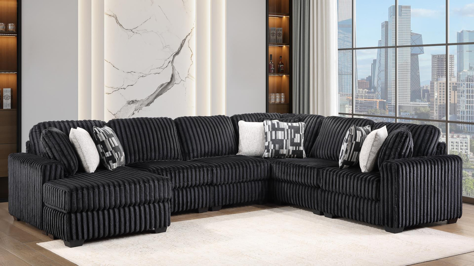 Snuggle 3Pc Sectional Black Fabric Contemporary Style By Galaxy Home Furnishings