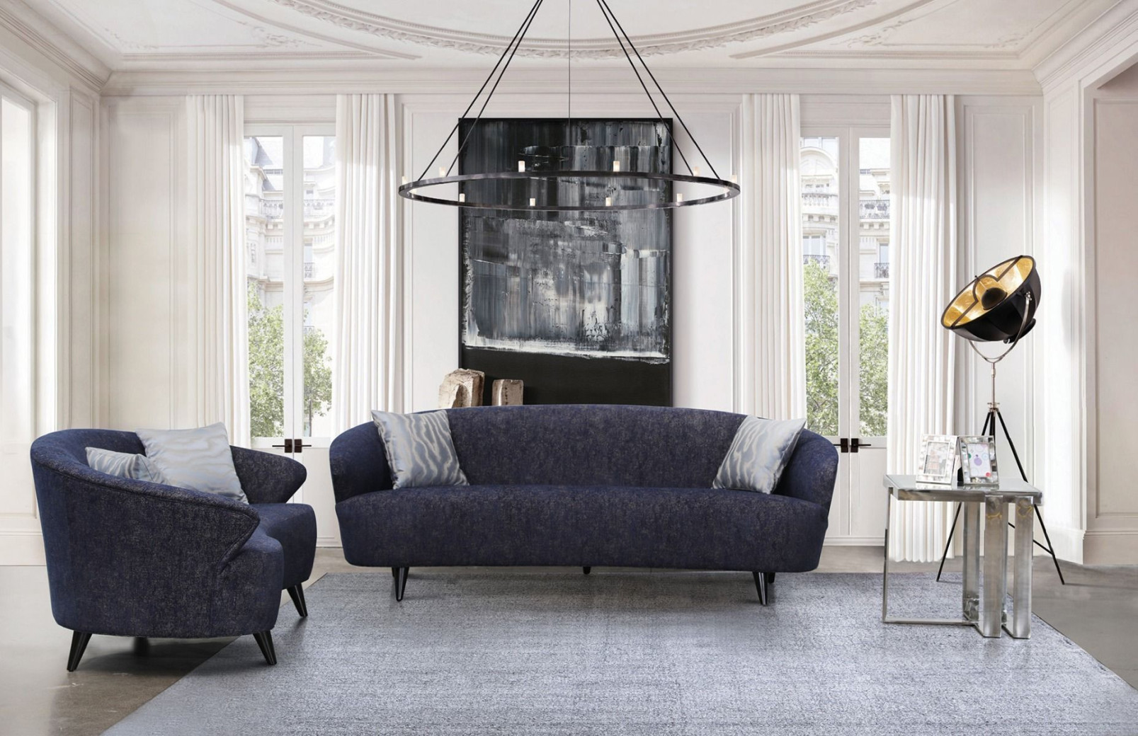 AE3806 Dark Blue Linen 2Pc Sofa & Loveseat Contemporary Style  by American Eagle Furniture