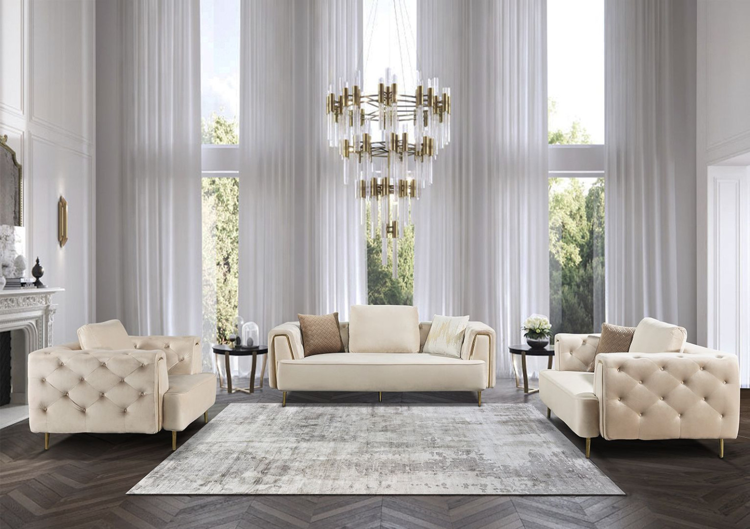 AE-D832 Contemporary Cream Velvet 2-Piece Sofa & Loveseat | American Eagle Furniture