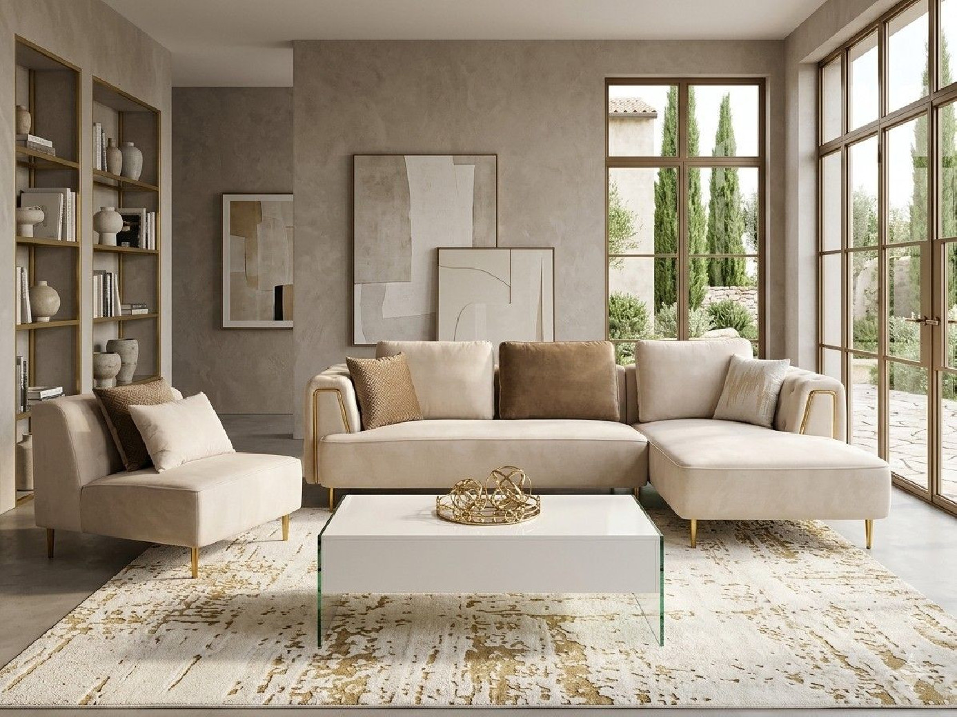 AE-LD831L 3 Piece Cream Velvet Left Side Sitting Sectional Contemporary Style by American Eagle Furniture