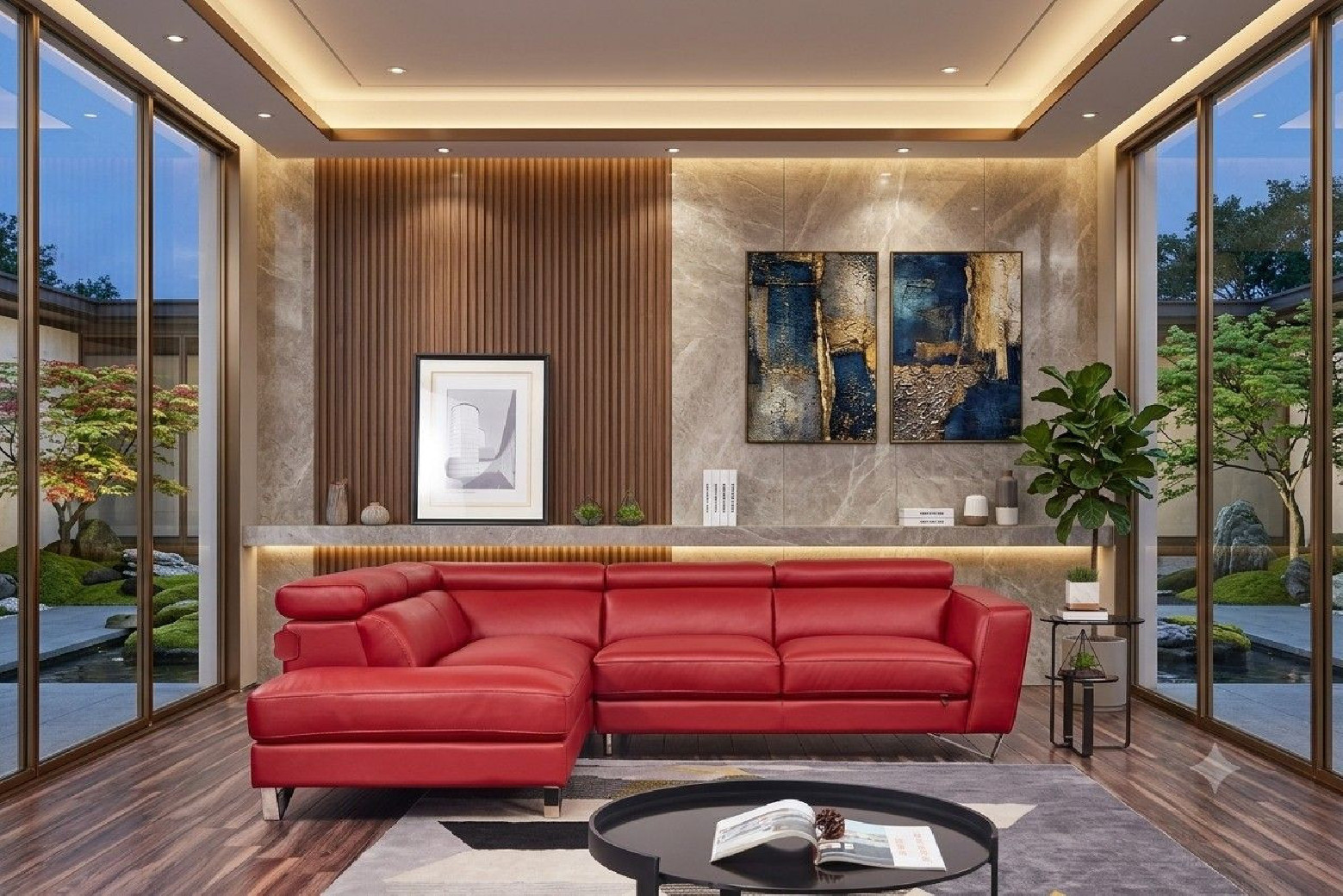 EK-L8010 Red Right Sitting Genuine Leather Sectional Contemporary Style by American Eagle Furniture