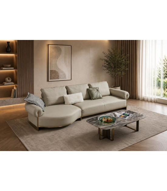 EK-LY1002 Olive Gray Top Grain Genuine Leather Sectional Sofa Set - Right Sitting Contemporary Style by American Eagle Furniture