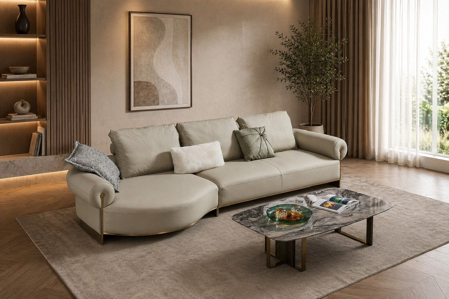 EK-LY1002 Olive Gray Top Grain Genuine Leather Sectional Sofa Set - Right Sitting Contemporary Style by American Eagle Furniture