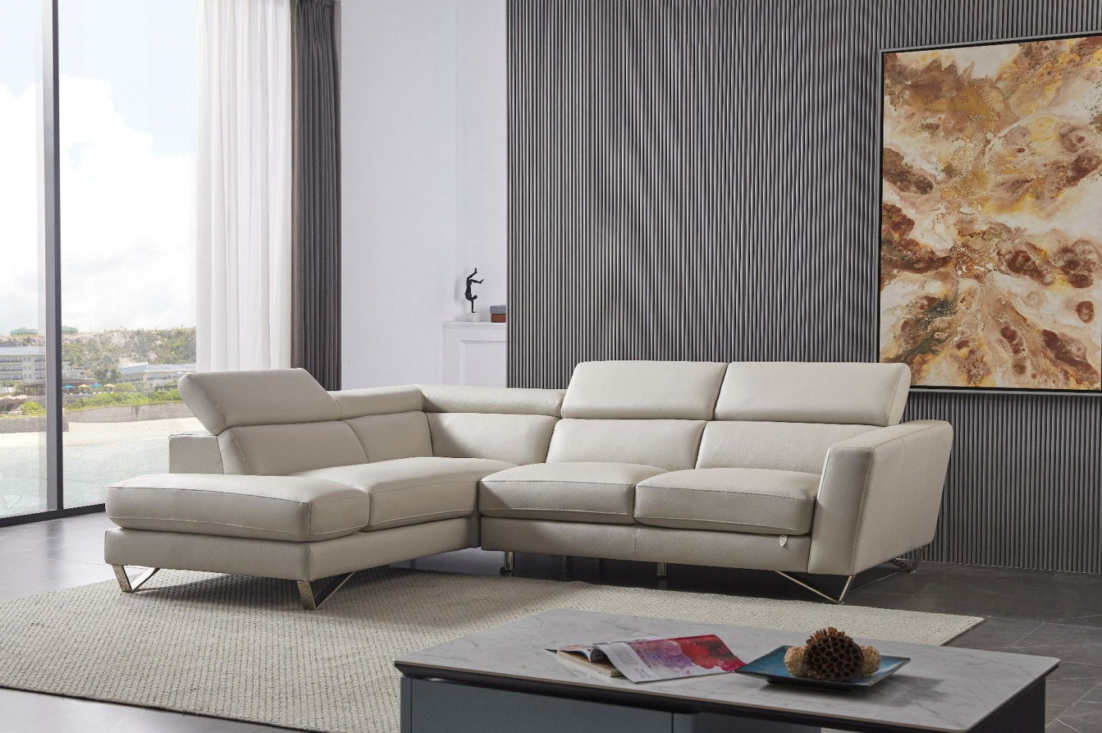 EK-L8010 Light Gray Right Sitting Genuine Leather Sectional Contemporary Style by American Eagle Furniture