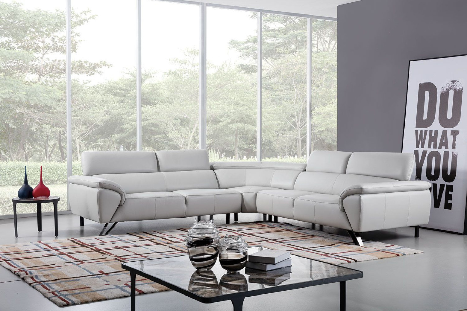 EK-L8002M Light Gray Italian Top Grain Leather Sectional Sofa Set Contemporary Style by American Eagle Furniture