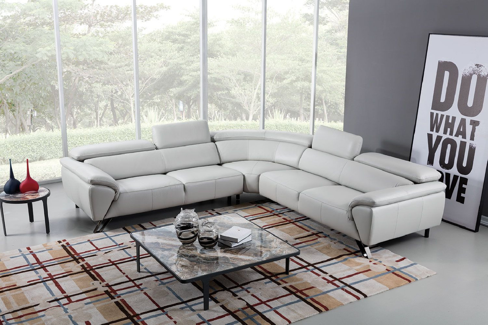 EK-L8002M Light Gray Italian Top Grain Leather Sectional Sofa Set Contemporary Style by American Eagle Furniture