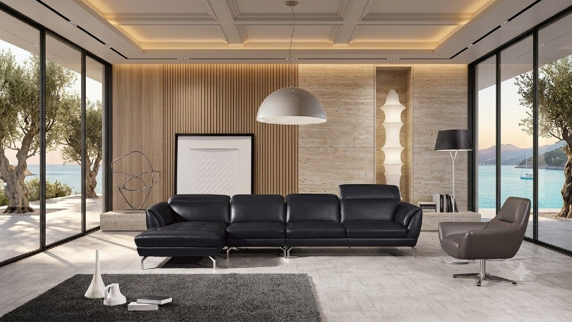 EK-L023 Black Italian Leather Sectional - Right Contemporary Style by American Eagle Furniture