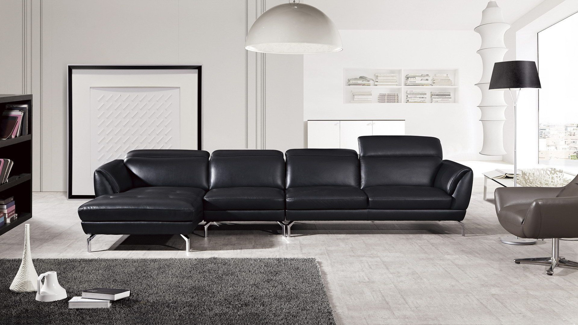 EK-L023 Black Italian Leather Sectional - Right Contemporary Style by American Eagle Furniture