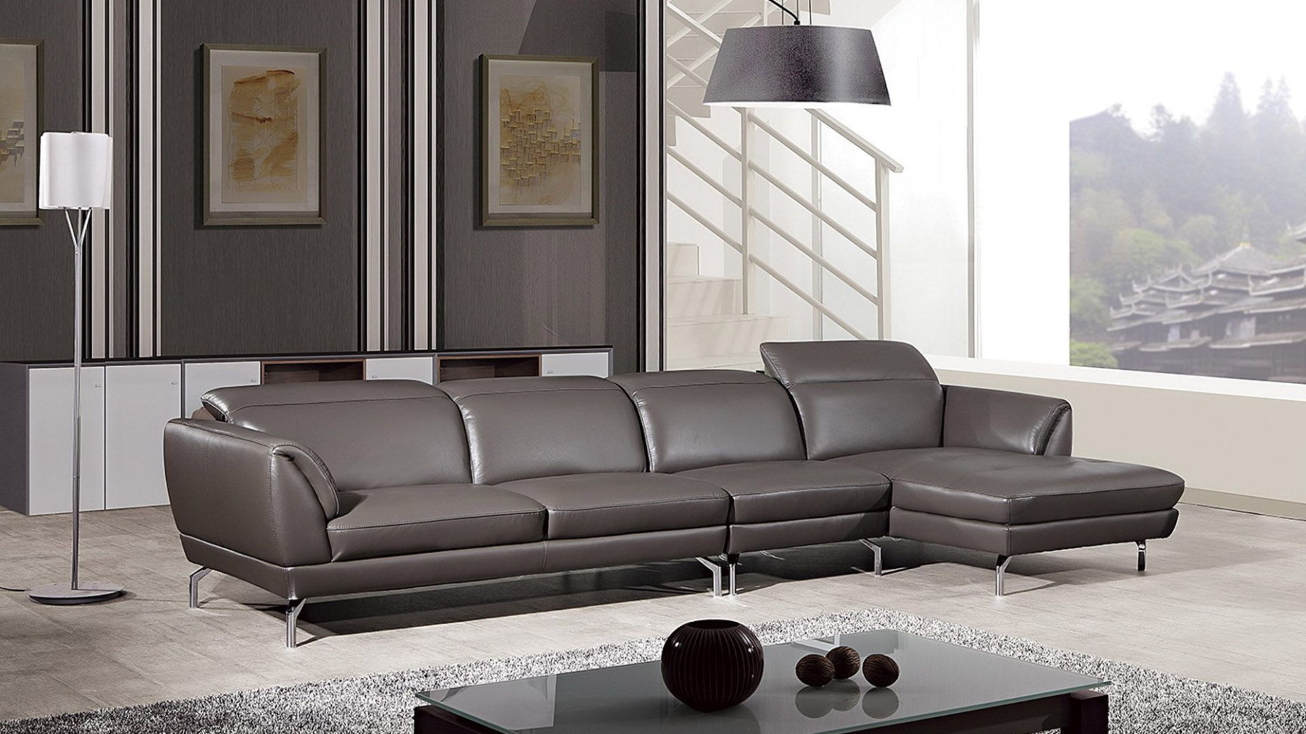 EK-L023 Taupe Italian Leather Sectional - Left Sitting Contemporary Style by American Eagle Furniture