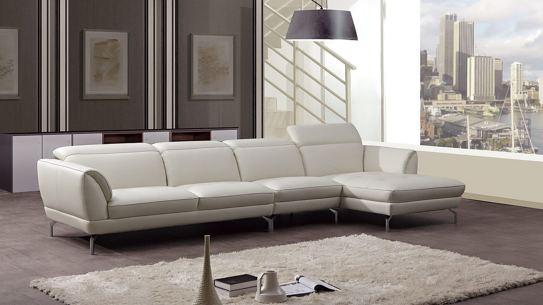 EK-L023 White Italian Leather Sectional - Left Sitting Contemporary Style by American Eagle Furniture