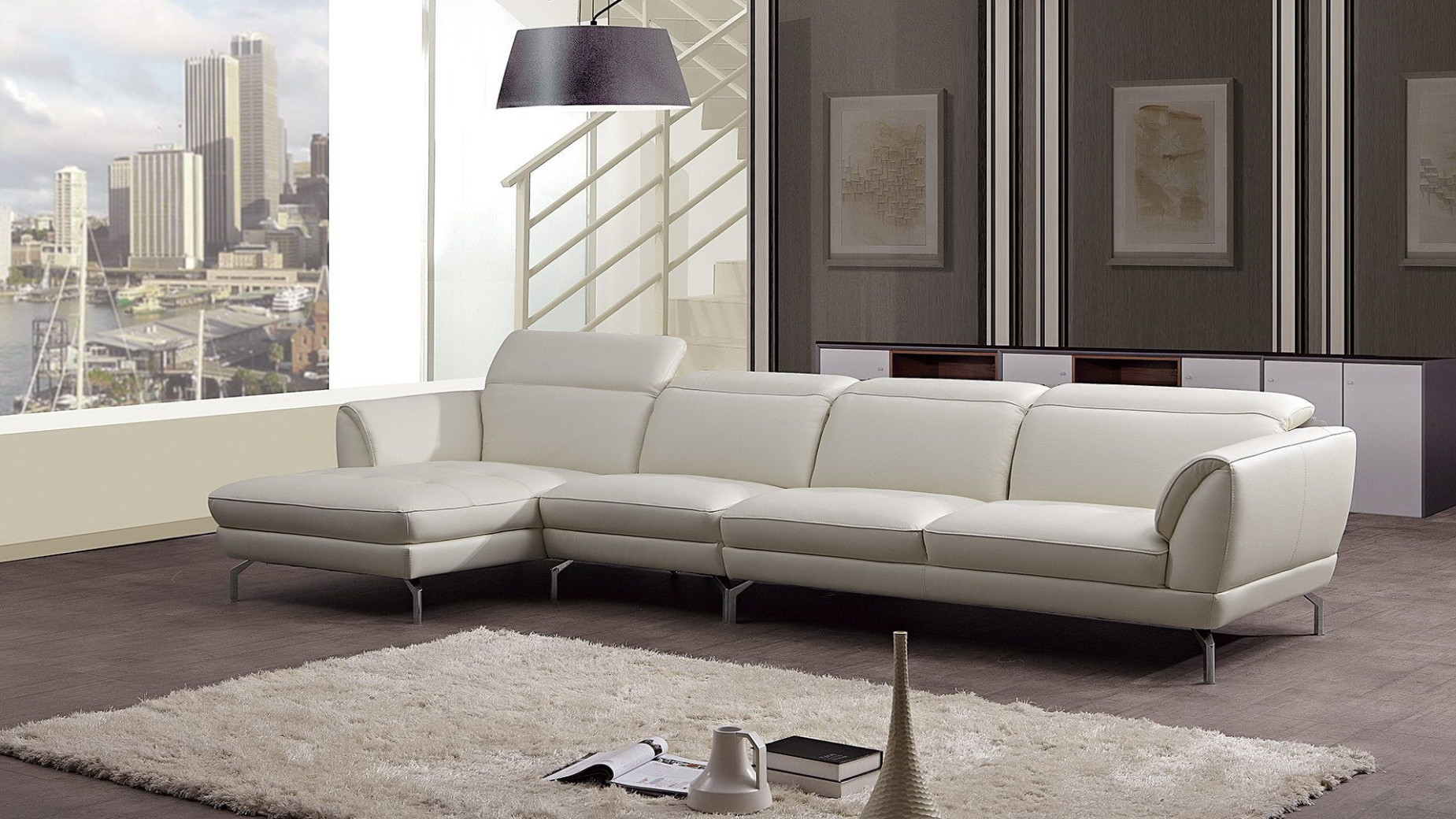 EK-L023 White Italian Leather Sectional - Right Sitting Contemporary Style by American Eagle Furniture
