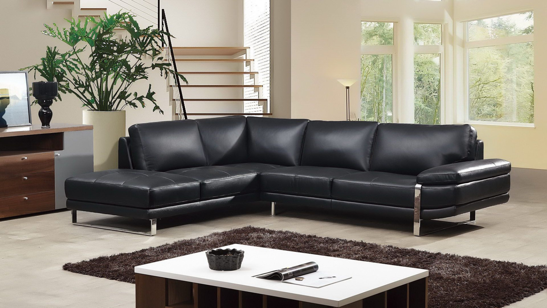 EK-L025 Black Italian Leather Sectional - Right Sitting Contemporary Style by American Eagle Furniture
