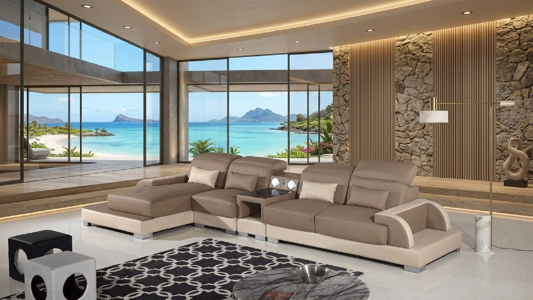 AE-LD812 Camel and Cream Faux Leather Sectional - Right Sitting Contemporary Style by American Eagle Furniture
