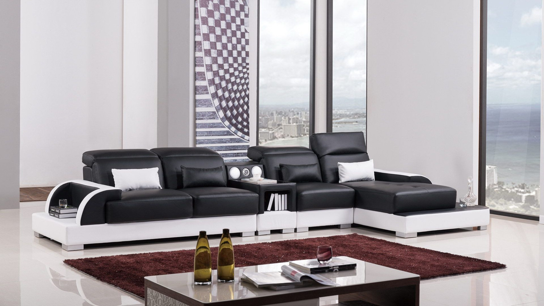 AE-LD812 Black and White Faux Leather Sectional - Left Sitting Contemporary Style by American Eagle Furniture