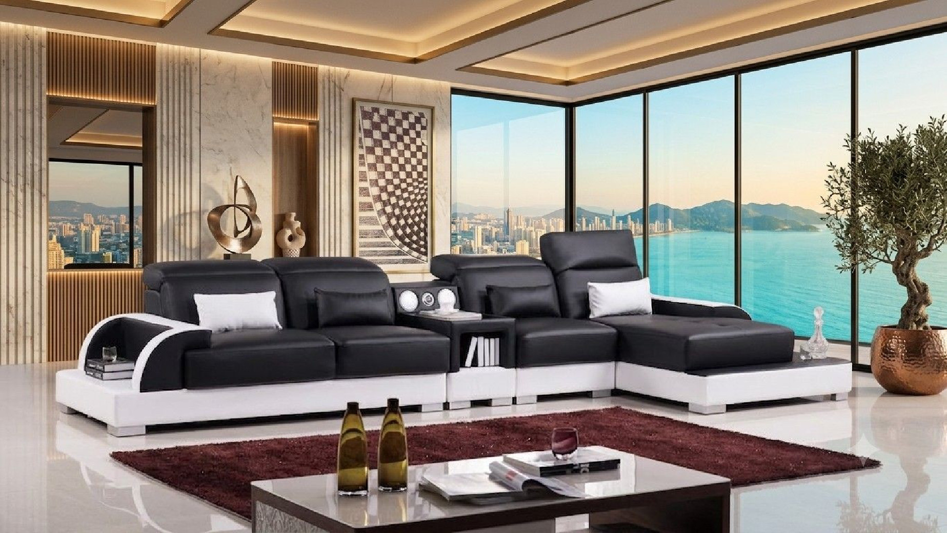 AE-LD812 Black and White Faux Leather Sectional - Left Sitting Contemporary Style by American Eagle Furniture
