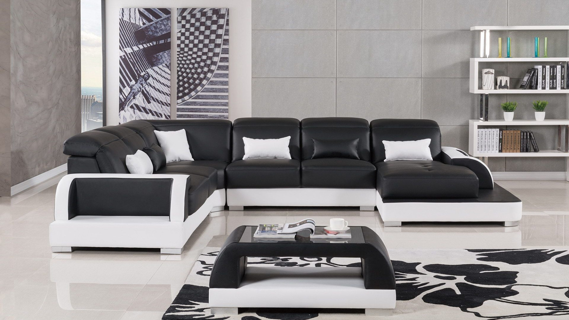 AE-LD811 Black and White Faux Leather Sectional - Left Sitting Contemporary Style by American Eagle Furniture