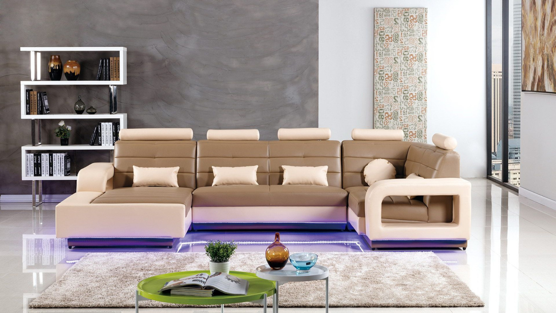 AE-LD800 Camel and Cream Faux Leather Sectional - Right Sitting Contemporary Style by American Eagle Furniture