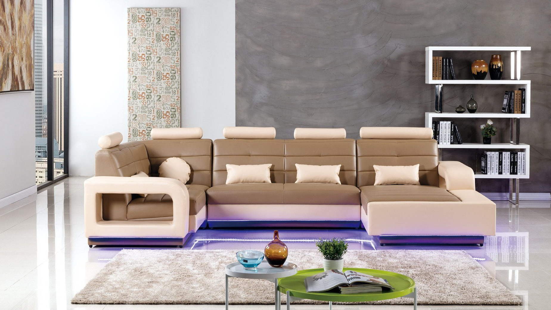 AE-LD800 Camel and Cream Faux Leather Sectional - Left Sitting Contemporary Style by American Eagle Furniture