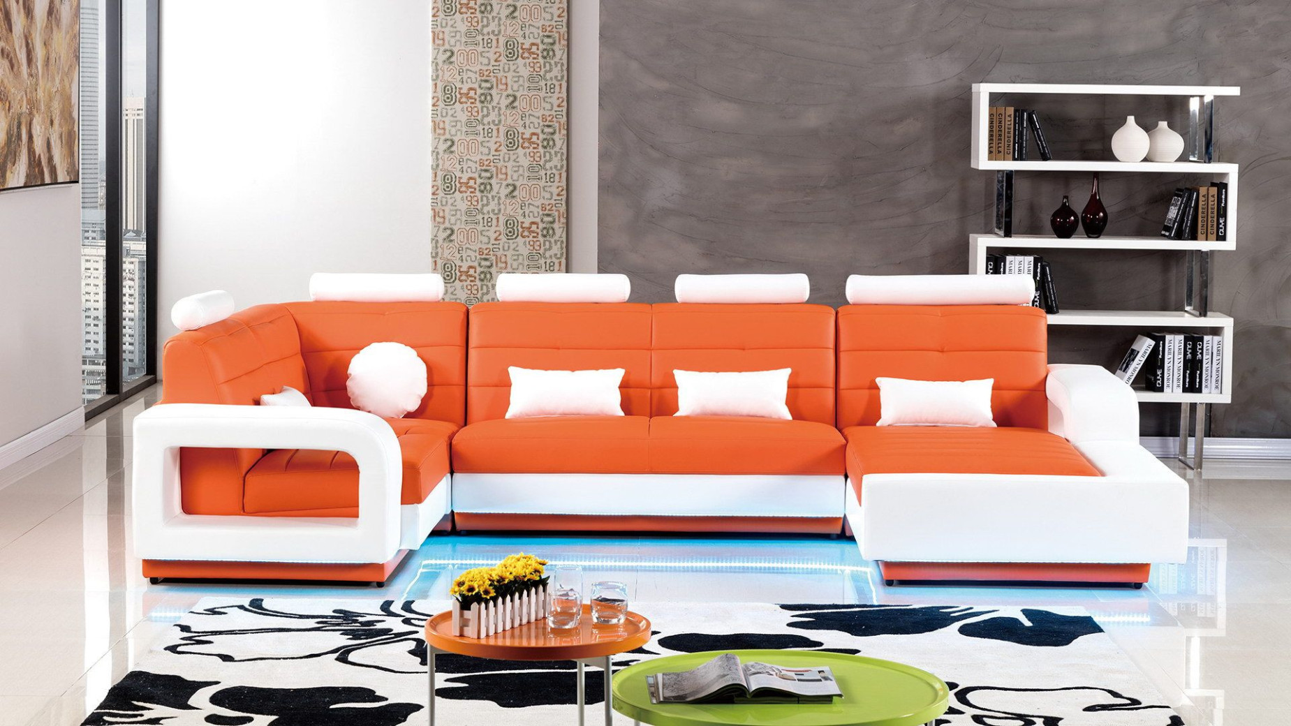 AE-LD800 Orange and White Faux Leather Sectional - Left Contemporary Style by American Eagle Furniture